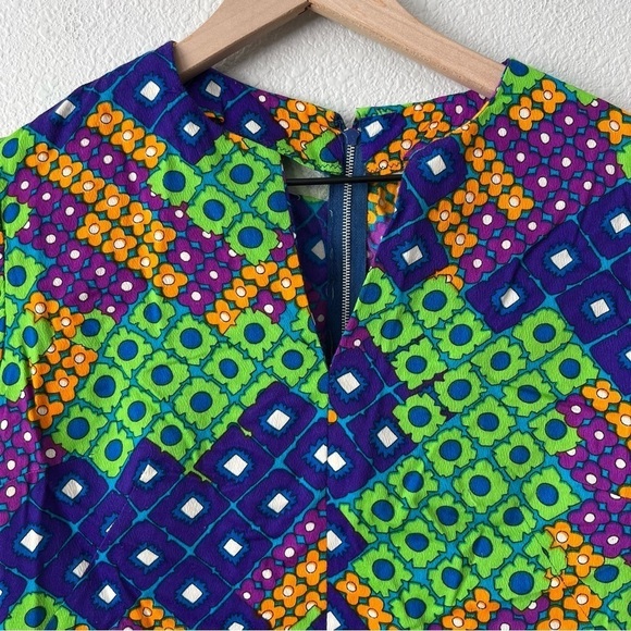 Vintage Retro 70's Bright Colorful Floral Geometric Midi Dress- Size Large - Picture 3 of 7
